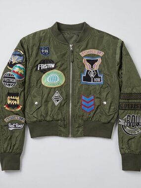 First Row Olive Green Cropped Bomber Flight Jacket Embroidered Patches Small